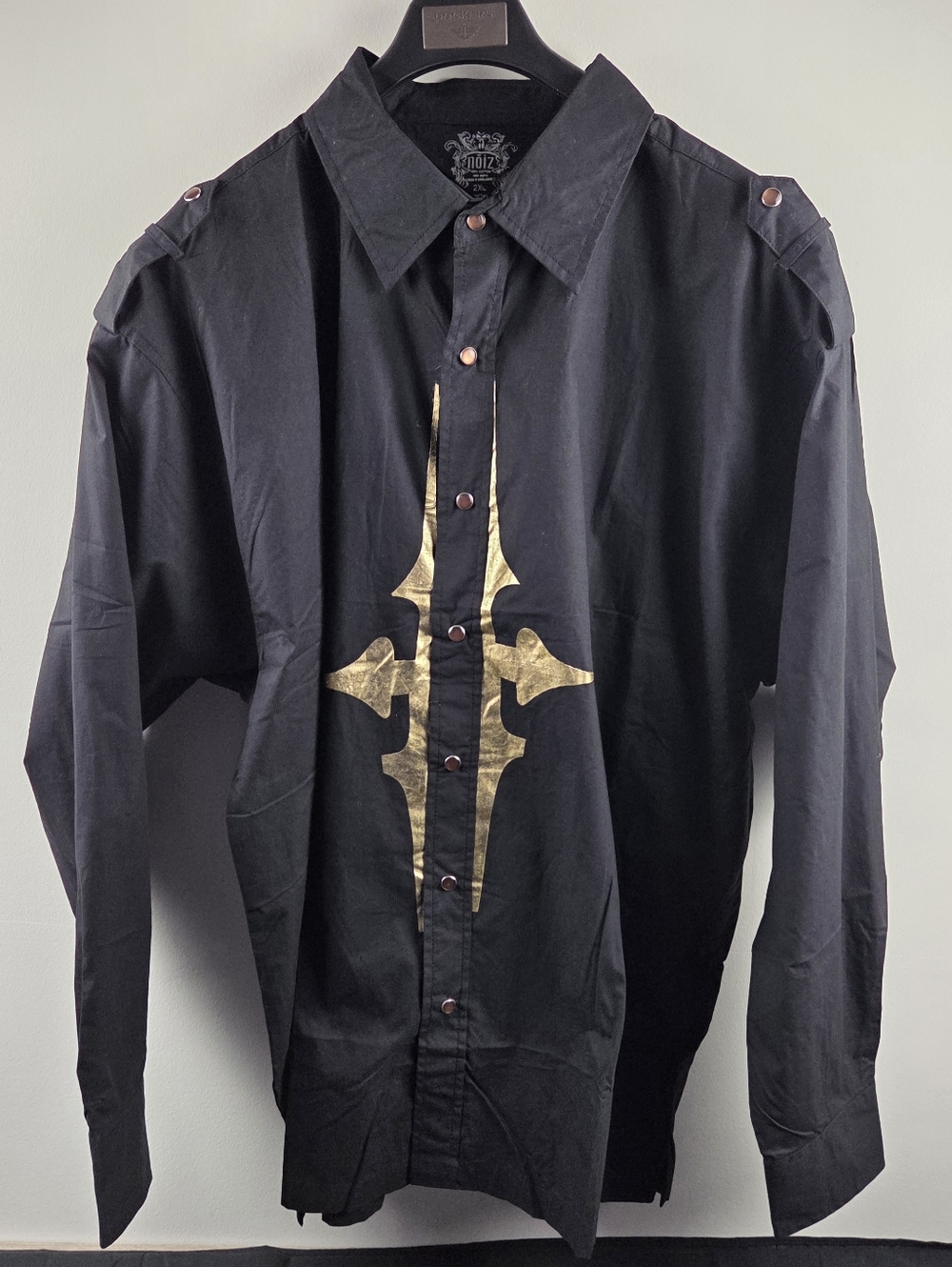 Y2k Noiz Western Shirt Mens 2XL Black Long Sleeve Button Up Gold Design